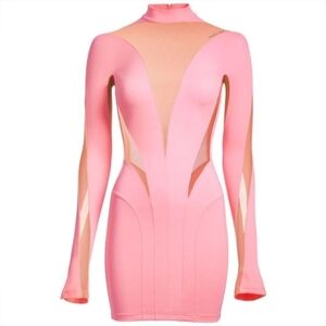 NWT Mugler X HM Mesh Panel Mini Dress In Pink & Beige | Sz XXSmall Barbie